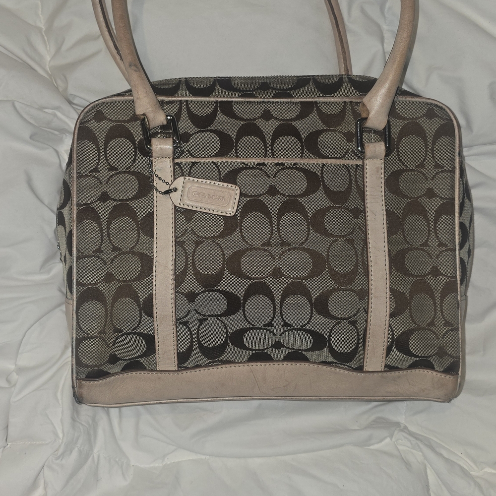 Coach Brown Signature Jacquard Satchel with Tan Leather Trim